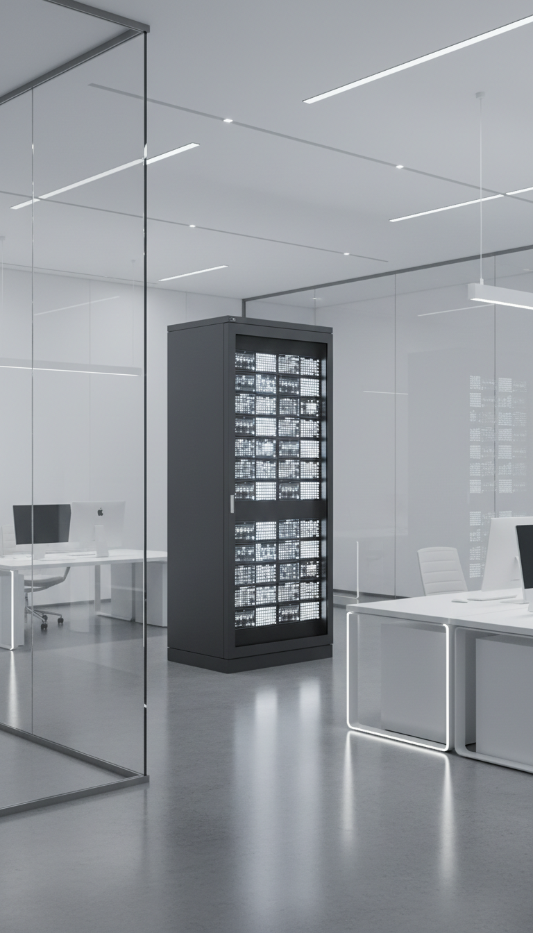 A sleek, dark grey server rack filled with glowing interface panels, surrounded by crisp white walls and smooth glass partitions. The setting is an ultra-modern tech office, with geometric desk elements and accent lighting in neutral tones. Cool, diffused LED lighting creates soft reflections on the glass and subtle highlights along the server edges, while maintaining a professional, clean look. The mood is efficient and sophisticated, emphasizing seamless technology. Shot at a slight elevation, using rule-of-thirds composition and sharp focus throughout for a balanced, corporate aesthetic suited to an AI chatbot solutions SaaS site.